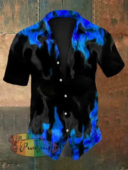 Men’s Vintage Gothic Purple Flame Smoke Abstract Print Casual Long Sleeve Shirt Short Sleeve Shirt-Blue / S