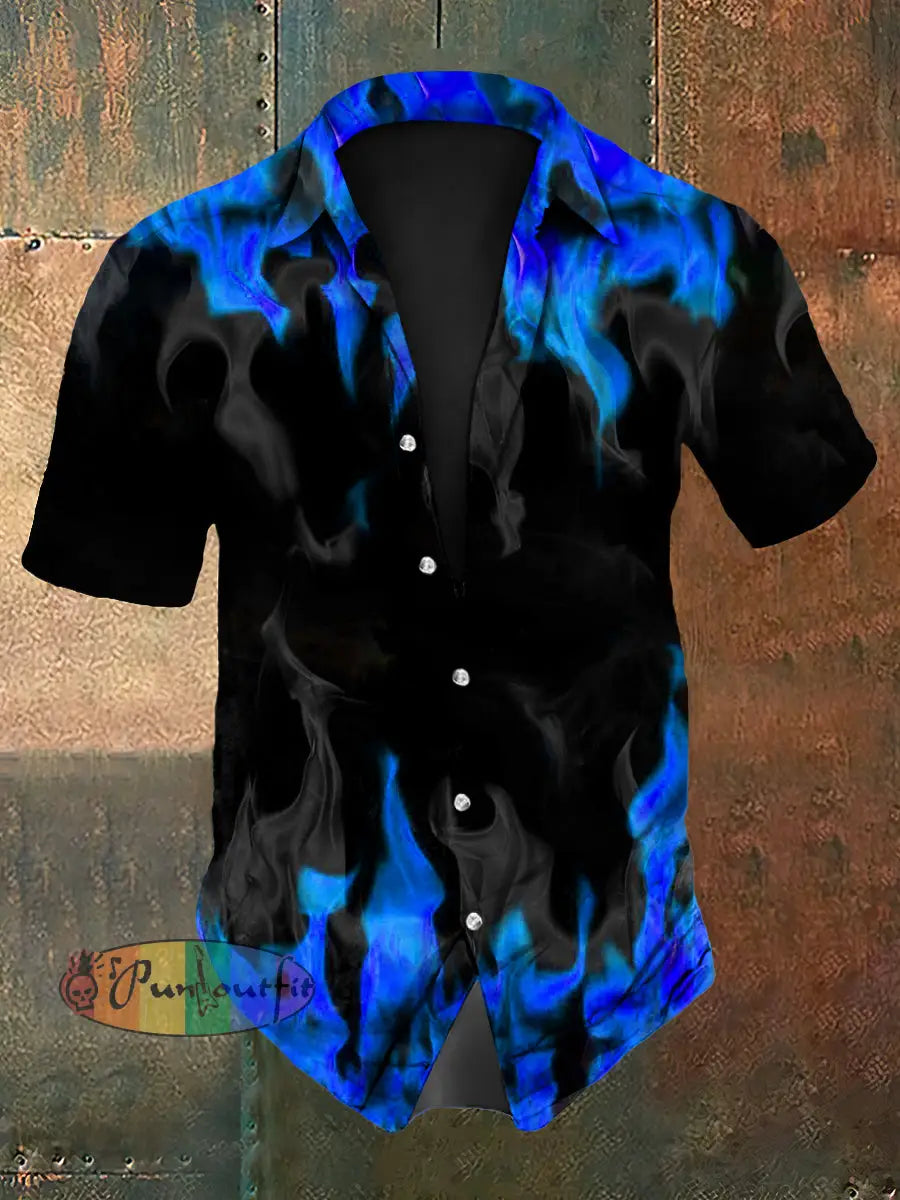 Men’s Vintage Gothic Purple Flame Smoke Abstract Print Casual Long Sleeve Shirt Short Sleeve Shirt-Blue / S