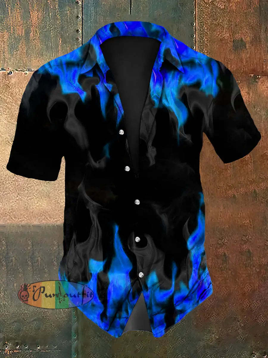 Men’s Vintage Gothic Purple Flame Smoke Abstract Print Casual Long Sleeve Shirt Short Sleeve Shirt-Blue / S