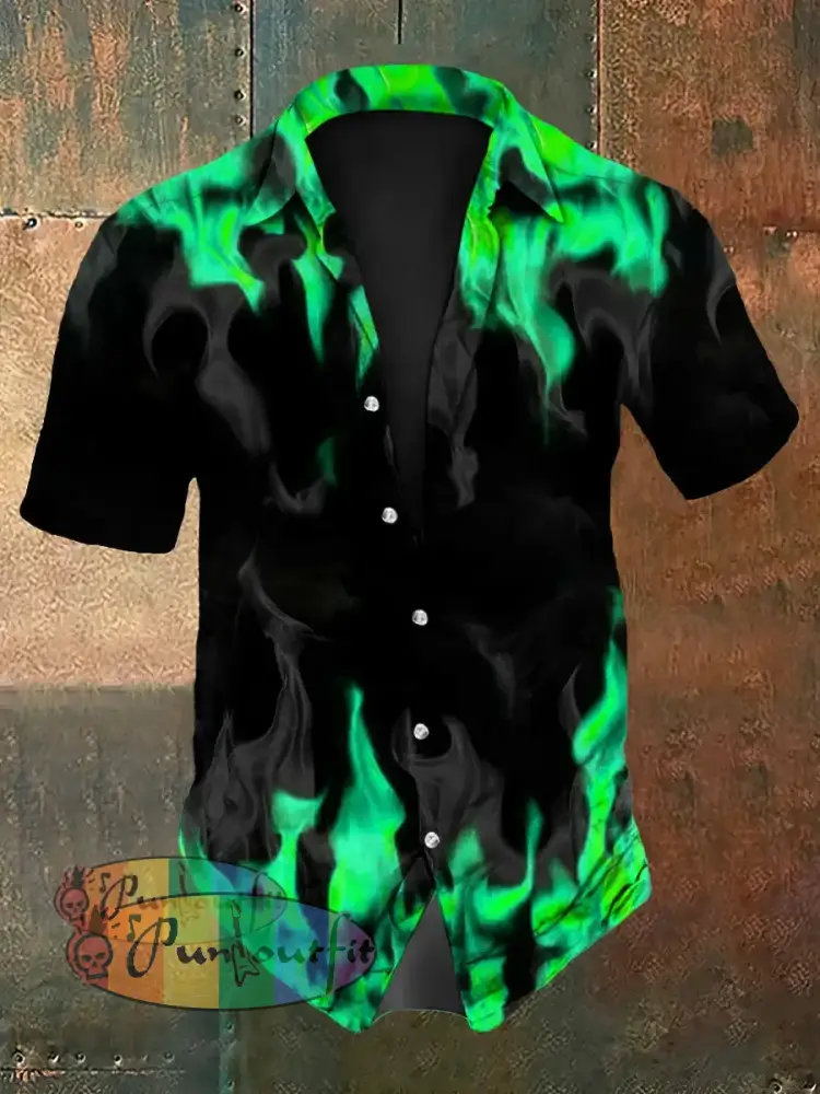 Men’s Vintage Gothic Purple Flame Smoke Abstract Print Casual Long Sleeve Shirt Short Sleeve Shirt-Green / S