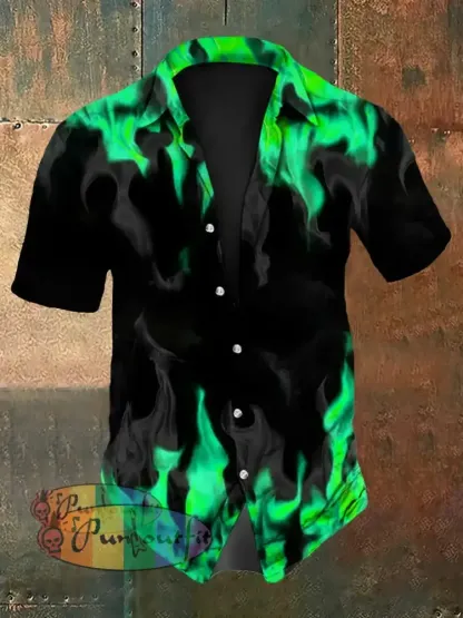 Men’s Vintage Gothic Purple Flame Smoke Abstract Print Casual Long Sleeve Shirt Short Sleeve Shirt-Green / S