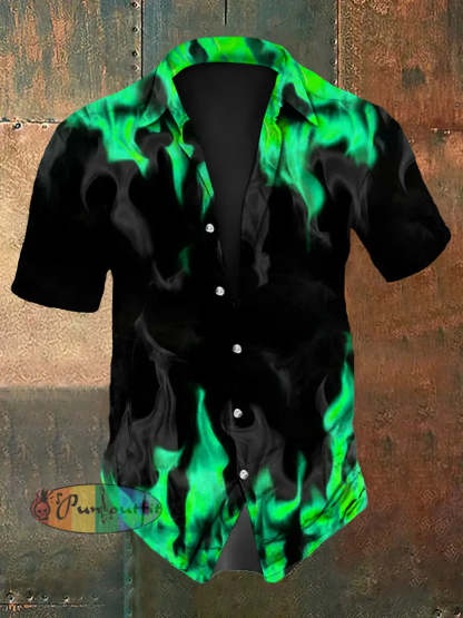 Men’s Vintage Gothic Purple Flame Smoke Abstract Print Casual Long Sleeve Shirt Short Sleeve Shirt-Green / S
