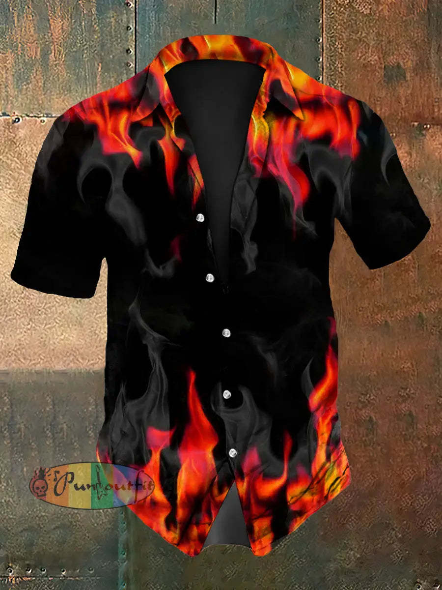 Men’s Vintage Gothic Purple Flame Smoke Abstract Print Casual Long Sleeve Shirt Short Sleeve Shirt-Orange / S