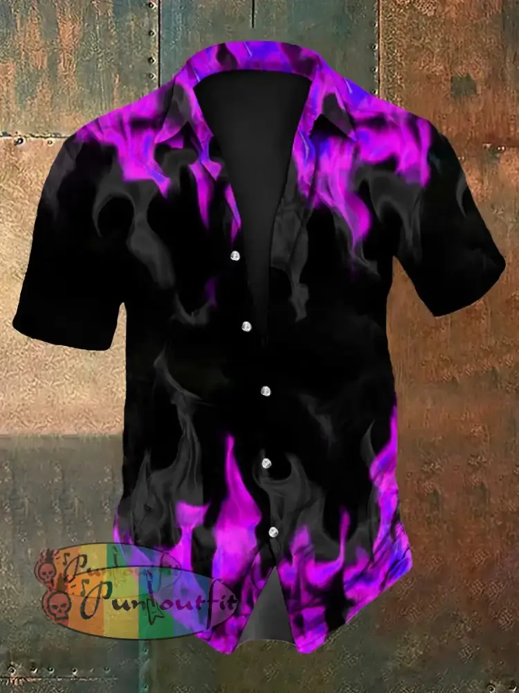 Men’s Vintage Gothic Purple Flame Smoke Abstract Print Casual Long Sleeve Shirt Short Sleeve Shirt-Pink / S