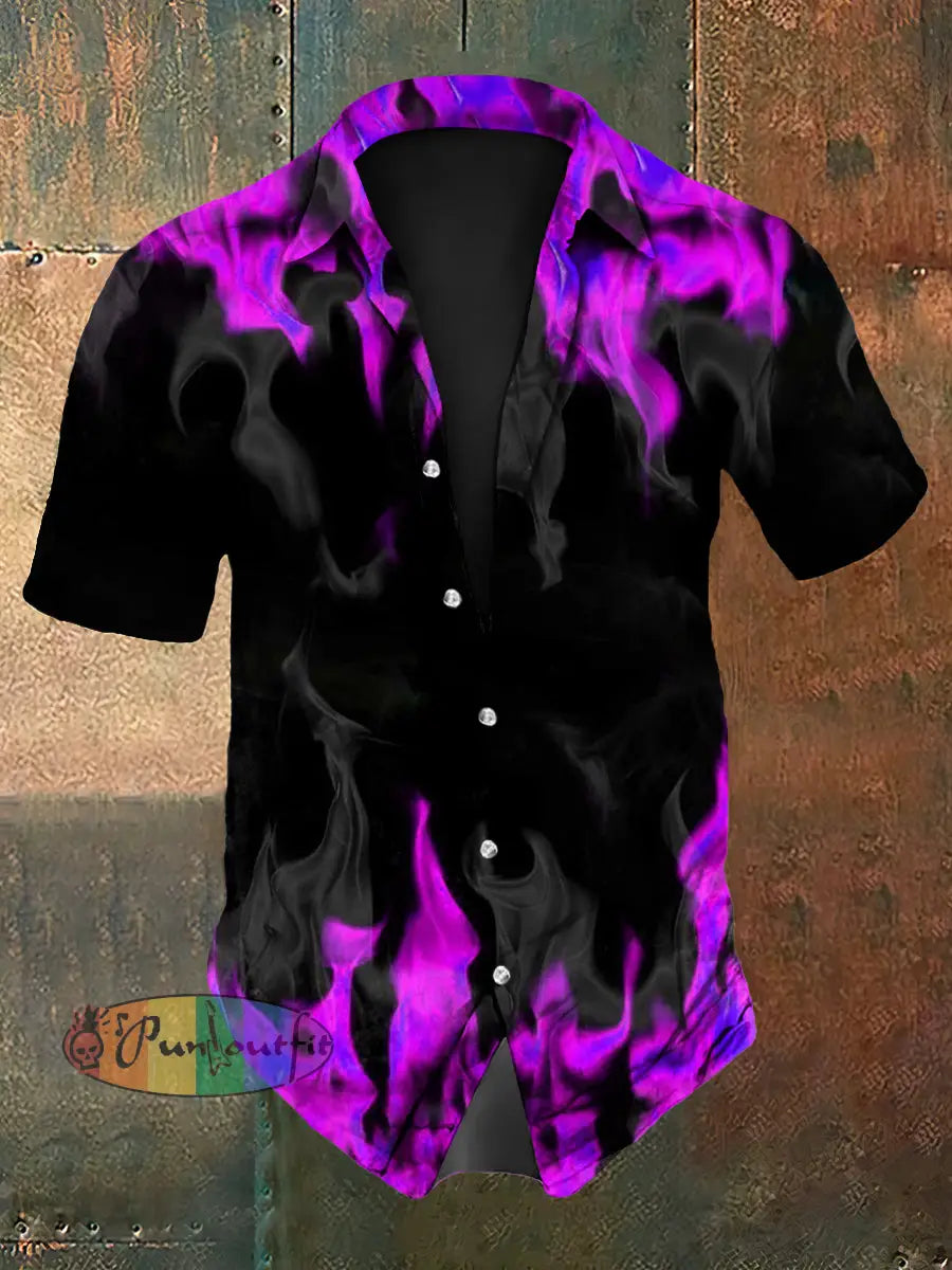 Men’s Vintage Gothic Purple Flame Smoke Abstract Print Casual Long Sleeve Shirt Short Sleeve Shirt-Pink / S