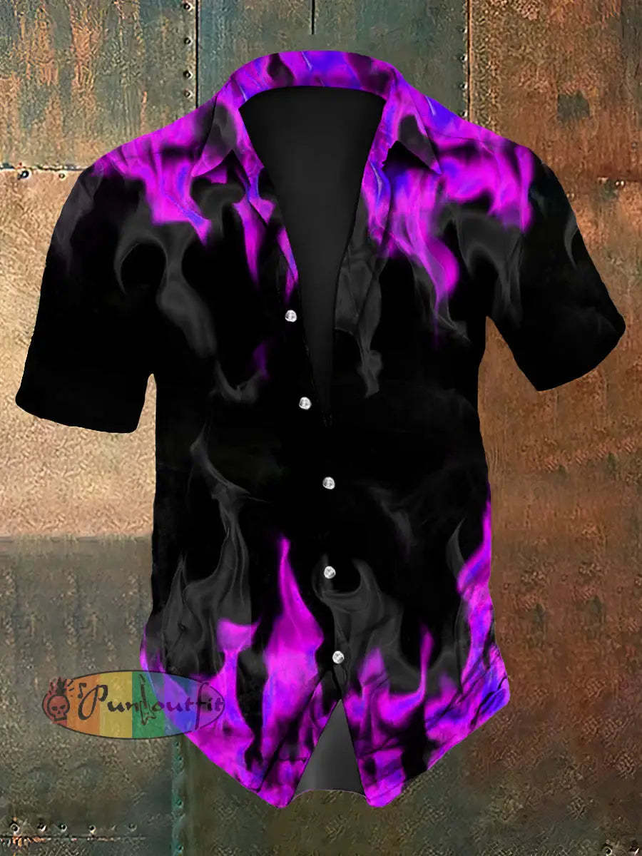 Men’s Vintage Gothic Purple Flame Smoke Abstract Print Casual Long Sleeve Shirt Short Sleeve Shirt-Pink / S