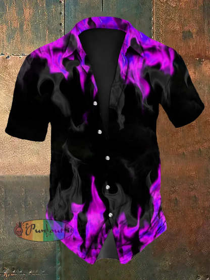 Men’s Vintage Gothic Purple Flame Smoke Abstract Print Casual Long Sleeve Shirt Short Sleeve Shirt-Pink / S