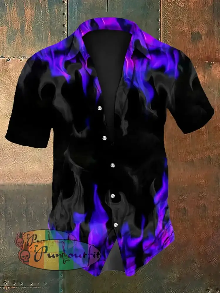 Men’s Vintage Gothic Purple Flame Smoke Abstract Print Casual Long Sleeve Shirt Short Sleeve Shirt-Purple / S