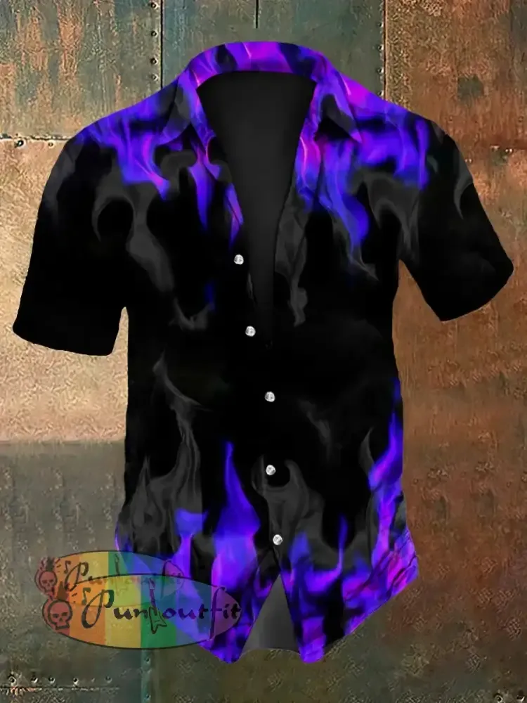 Men’s Vintage Gothic Purple Flame Smoke Abstract Print Casual Long Sleeve Shirt Short Sleeve Shirt-Purple / S