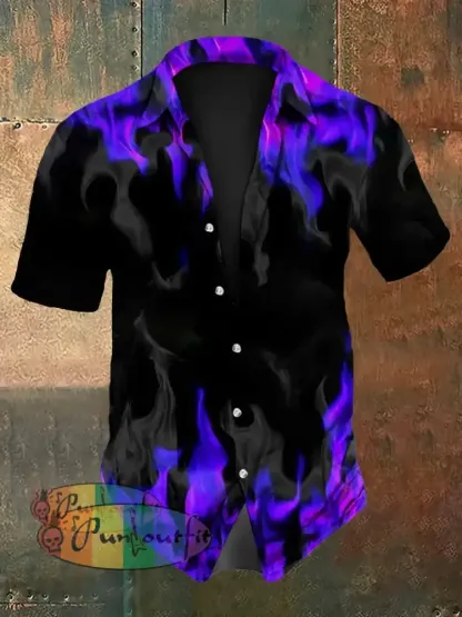 Men’s Vintage Gothic Purple Flame Smoke Abstract Print Casual Long Sleeve Shirt Short Sleeve Shirt-Purple / S