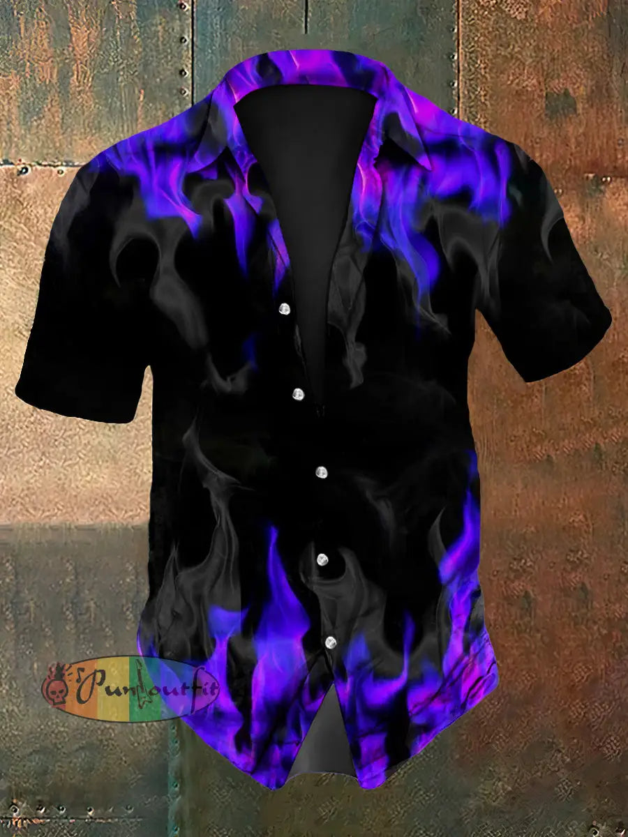 Men’s Vintage Gothic Purple Flame Smoke Abstract Print Casual Long Sleeve Shirt Short Sleeve Shirt-Purple / S