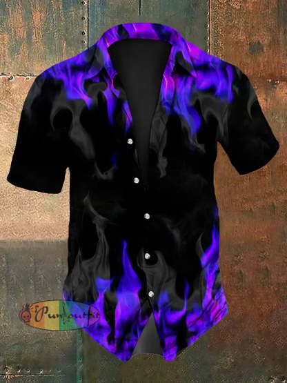 Men’s Vintage Gothic Purple Flame Smoke Abstract Print Casual Long Sleeve Shirt Short Sleeve Shirt-Purple / S