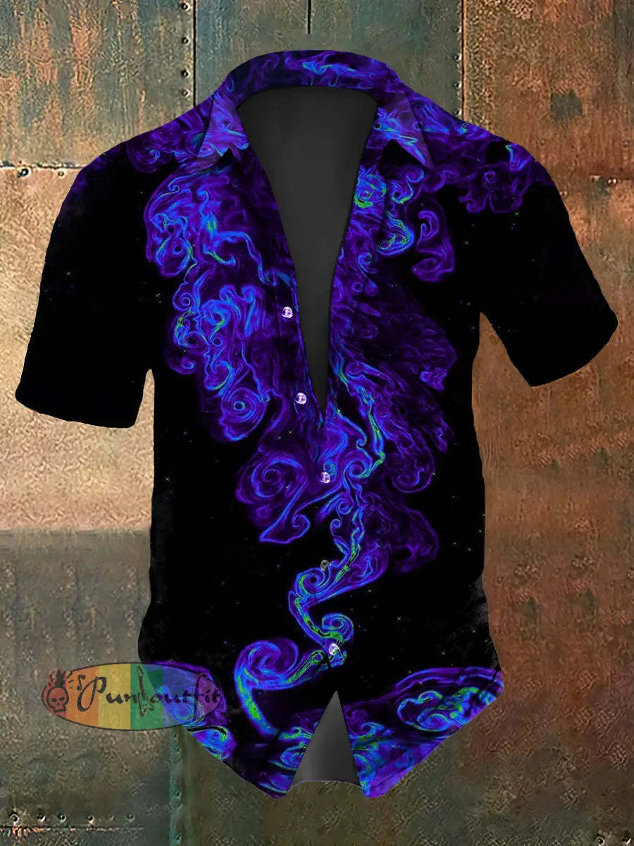 Men’s Vintage Gothic Purple Smoke Design Abstract Print Casual Cotton Short Sleeve Shirt Black / S