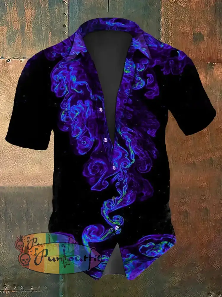 Men’s Vintage Gothic Purple Smoke Design Abstract Print Casual Cotton Short Sleeve Shirt Black / S