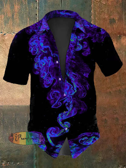 Men’s Vintage Gothic Purple Smoke Design Abstract Print Casual Cotton Short Sleeve Shirt Black / S