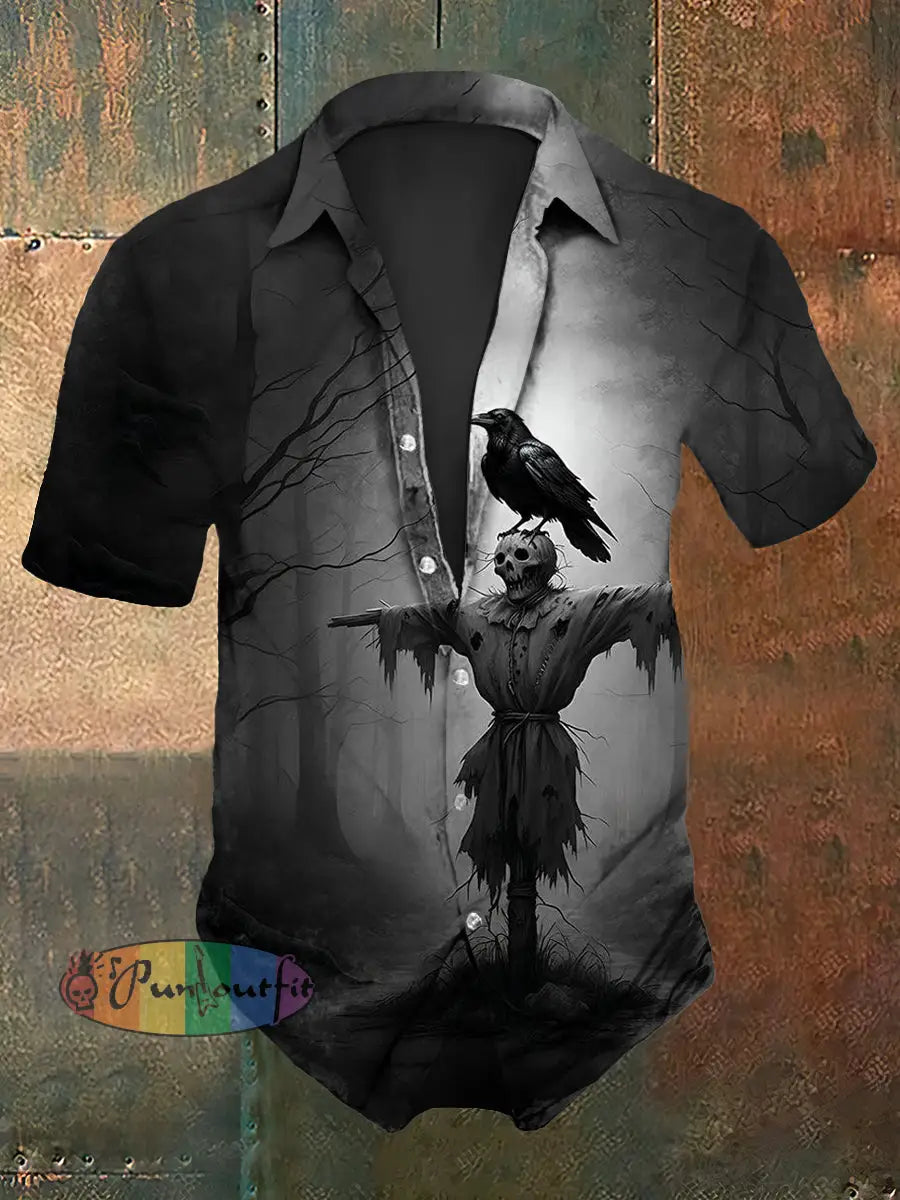 Men’s Vintage Gothic Raven Scarecrow Abstract Print Casual Cotton Short Sleeve Shirt Dark Gray / S