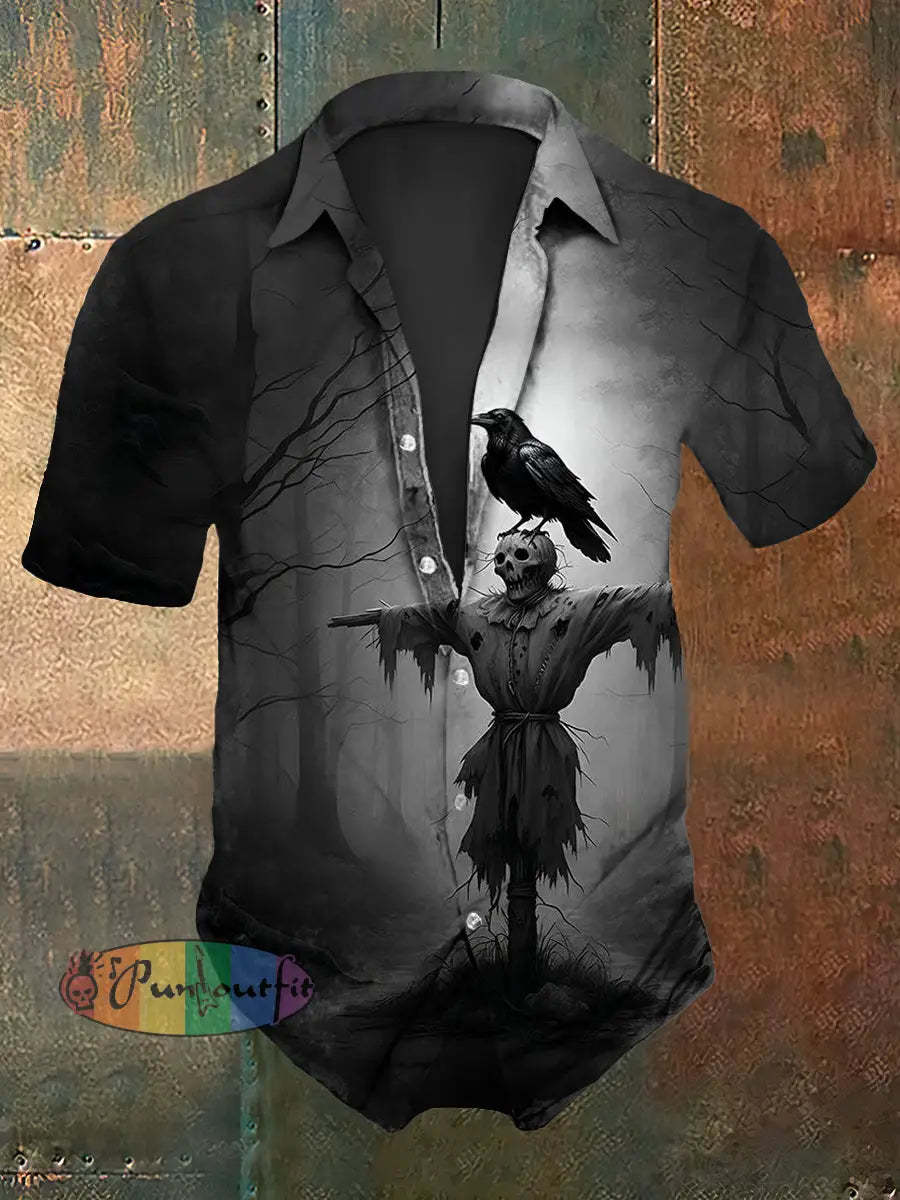 Men’s Vintage Gothic Raven Scarecrow Abstract Print Casual Cotton Short Sleeve Shirt Dark Gray / S