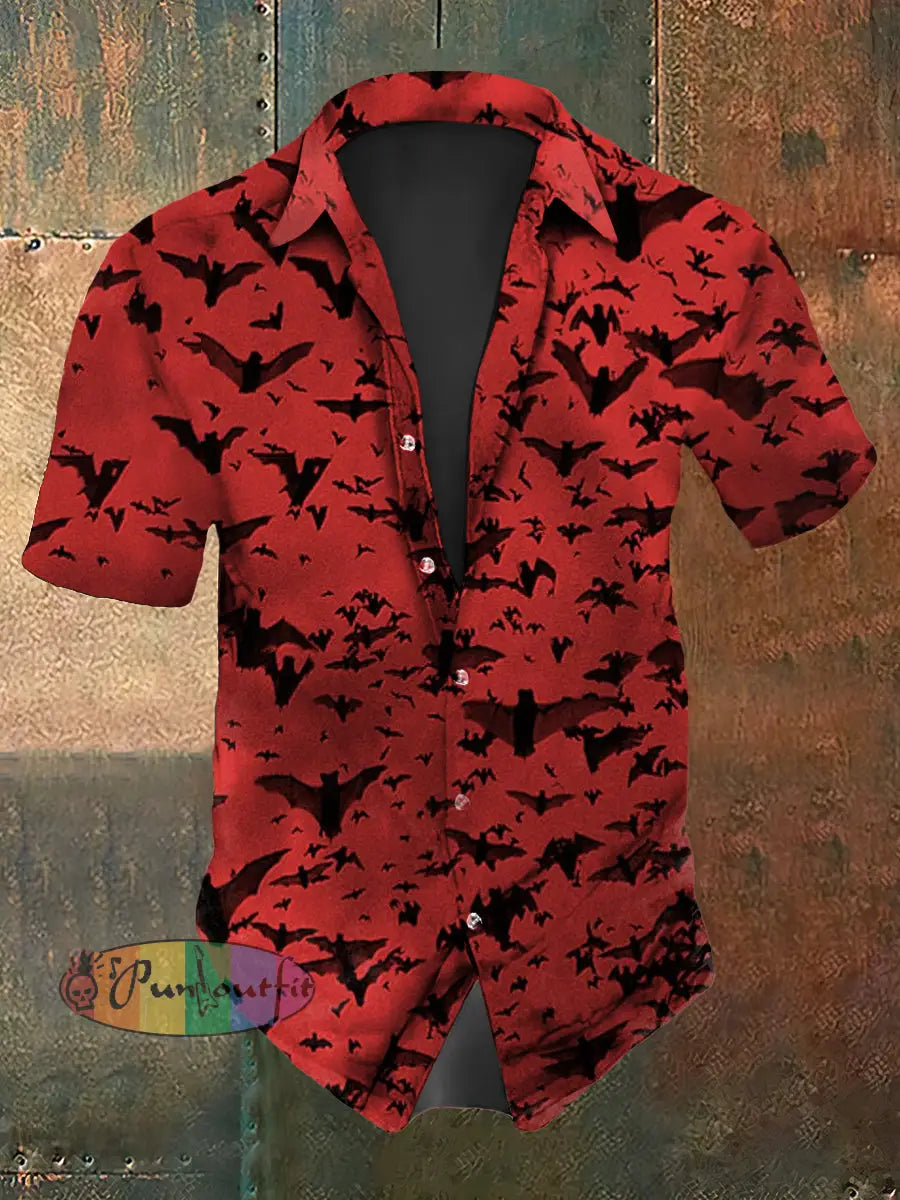 Men’s Vintage Gothic Red Bats Abstract Print Casual Cotton Short Sleeve Shirt Red / S