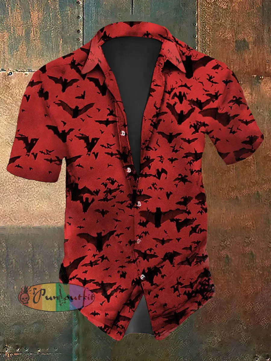 Men’s Vintage Gothic Red Bats Abstract Print Casual Cotton Short Sleeve Shirt Red / S