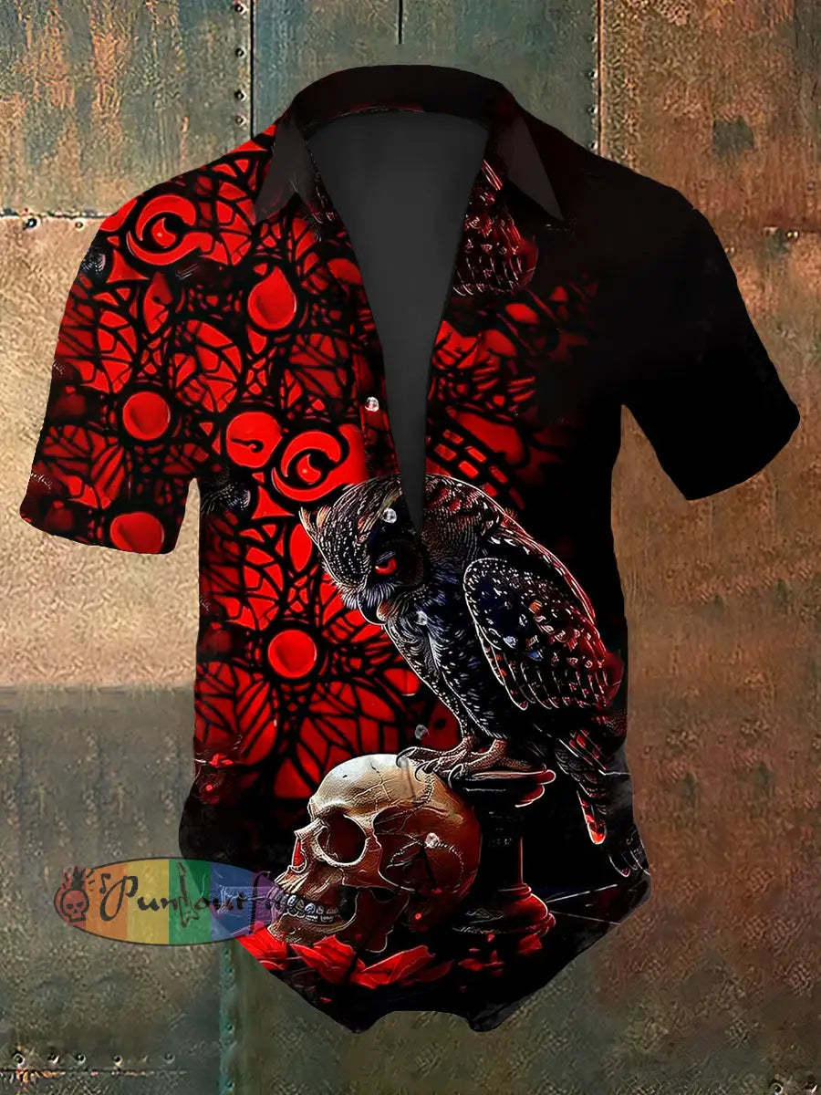 Men’s Vintage Gothic Red Gradient Owl Skull Abstract Print Casual Cotton Short Sleeve Shirt Black / S