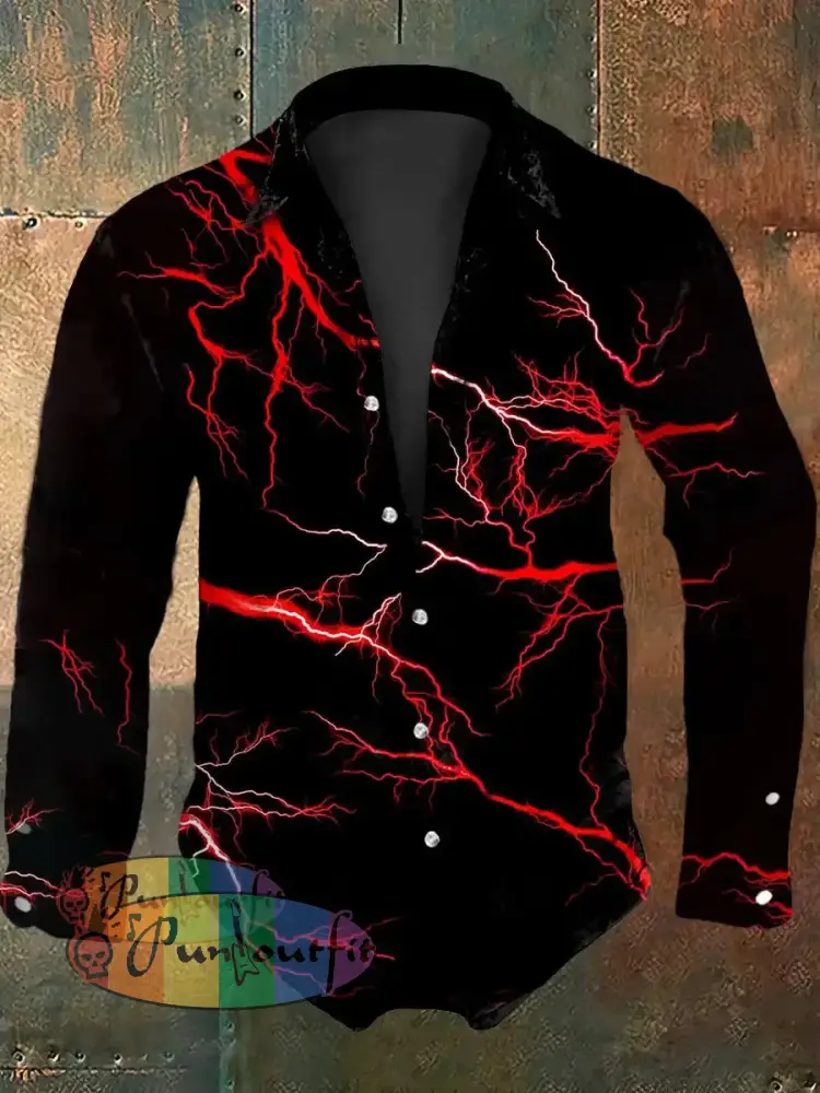 Men’s Vintage Gothic Red Lightning Abstract Print Casual Long Sleeve Shirt Black / S