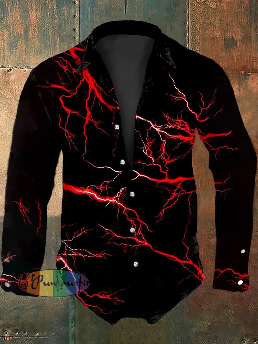 Men’s Vintage Gothic Red Lightning Abstract Print Casual Long Sleeve Shirt Black / S