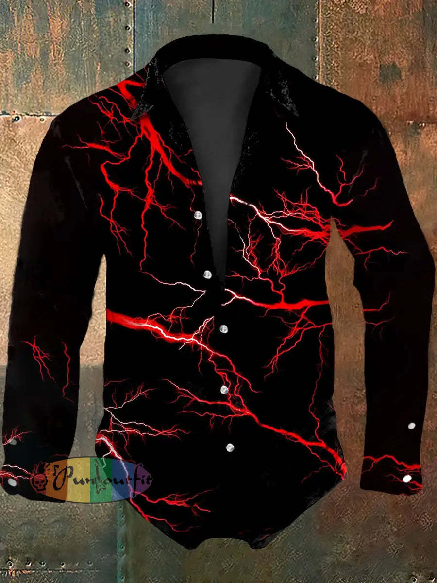 Men’s Vintage Gothic Red Lightning Abstract Print Casual Long Sleeve Shirt Black / S