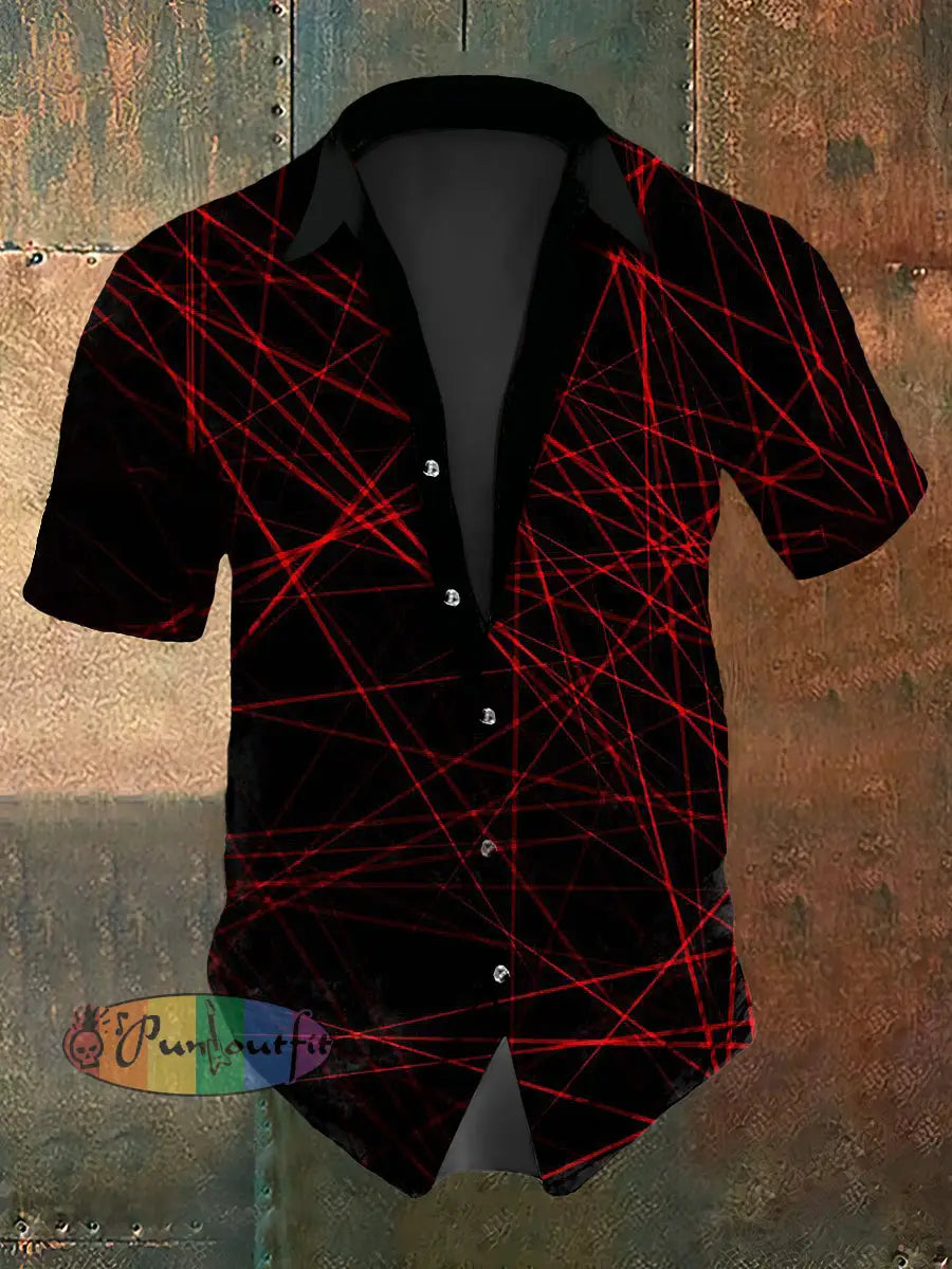 Men’s Vintage Gothic Red Line Hot Sale Abstract Print Casual Cotton Short Sleeve Shirt Red / S