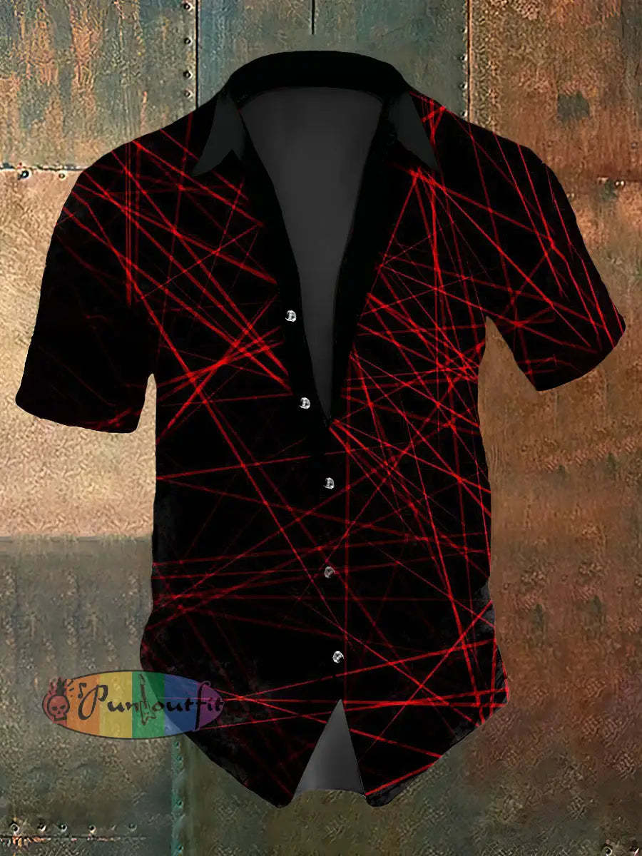 Men’s Vintage Gothic Red Line Hot Sale Abstract Print Casual Cotton Short Sleeve Shirt Red / S