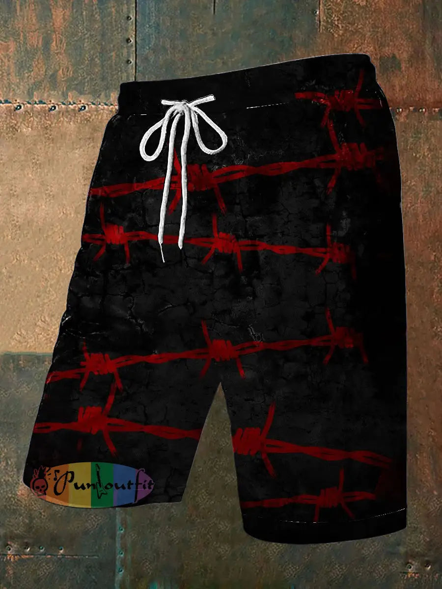 Men’s Vintage Gothic Red Thorn Knot Clasp Abstract Print Casual Pocket Drawstring Shorts Black / S