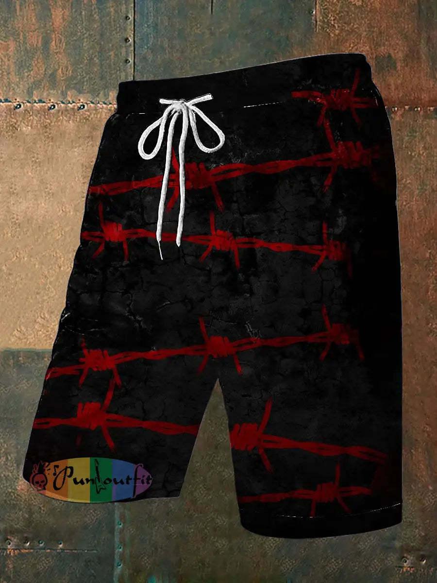 Men’s Vintage Gothic Red Thorn Knot Clasp Abstract Print Casual Pocket Drawstring Shorts Black / S