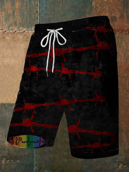 Men’s Vintage Gothic Red Thorn Knot Clasp Abstract Print Casual Pocket Drawstring Shorts Black / S