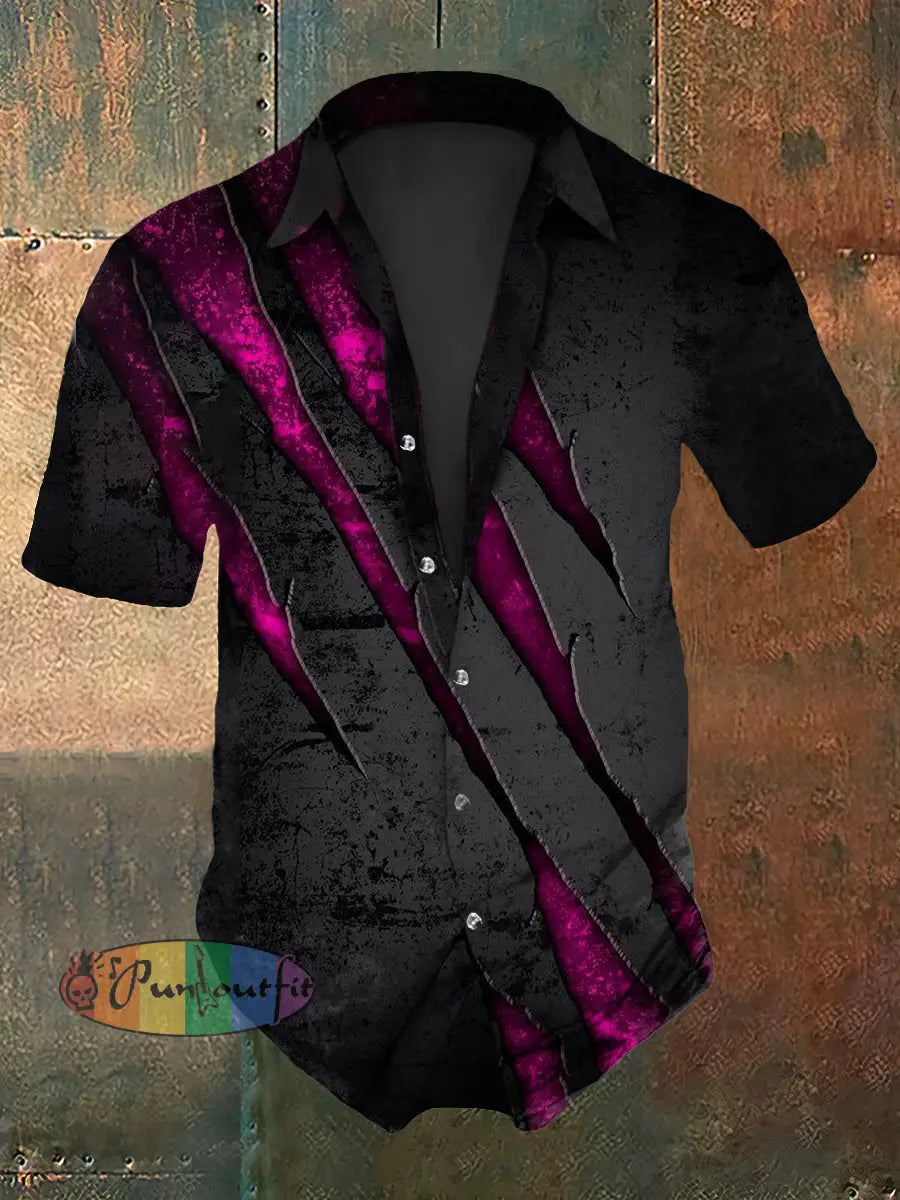 Men’s Vintage Gothic Scratch Crack Abstract Print Casual Cotton Short Sleeve Shirt Dark Gray / S