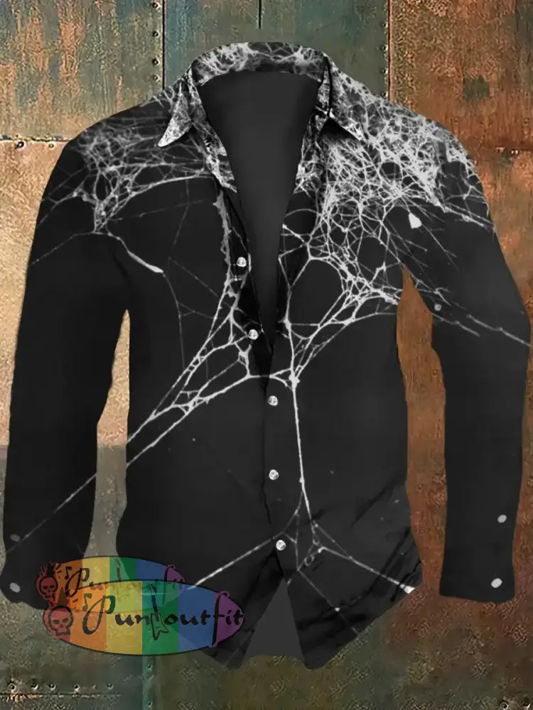 Men’s Vintage Gothic Spider Web Abstract Print Casual Long Sleeve Shirt Black / S
