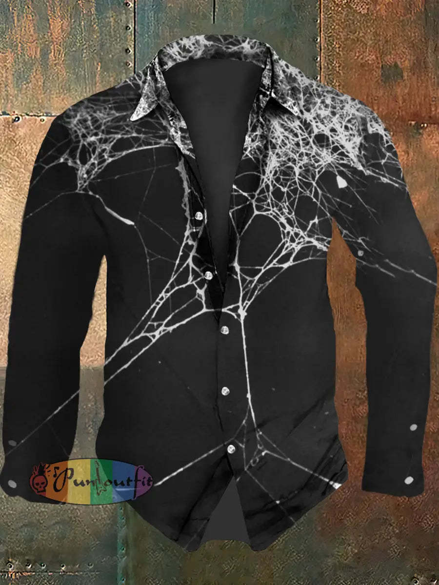 Men’s Vintage Gothic Spider Web Abstract Print Casual Long Sleeve Shirt Black / S