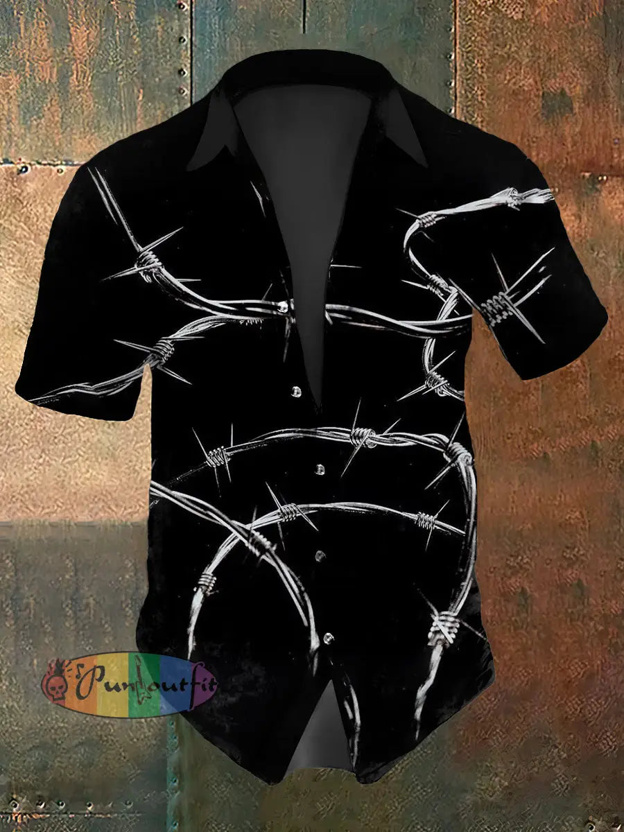 Men’s Vintage Gothic Thorn Knot Design Abstract Print Casual Cotton Short Sleeve Shirt Black / S