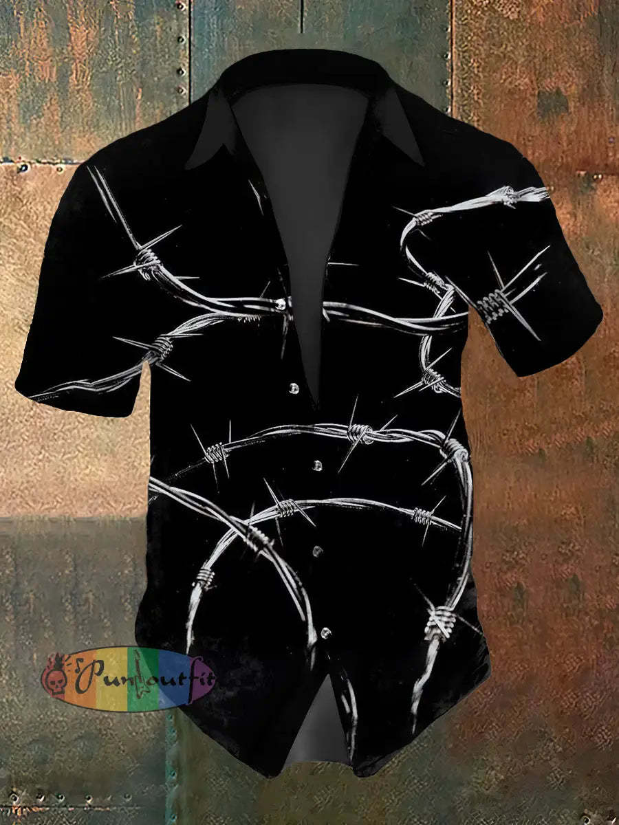 Men’s Vintage Gothic Thorn Knot Design Abstract Print Casual Cotton Short Sleeve Shirt Black / S