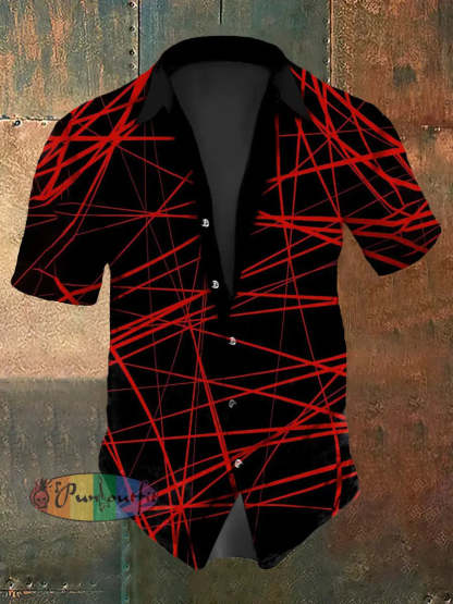 Men’s Vintage Gothic Thorn Lines Abstract Print Casual Cotton Short Sleeve Shirt Red / S