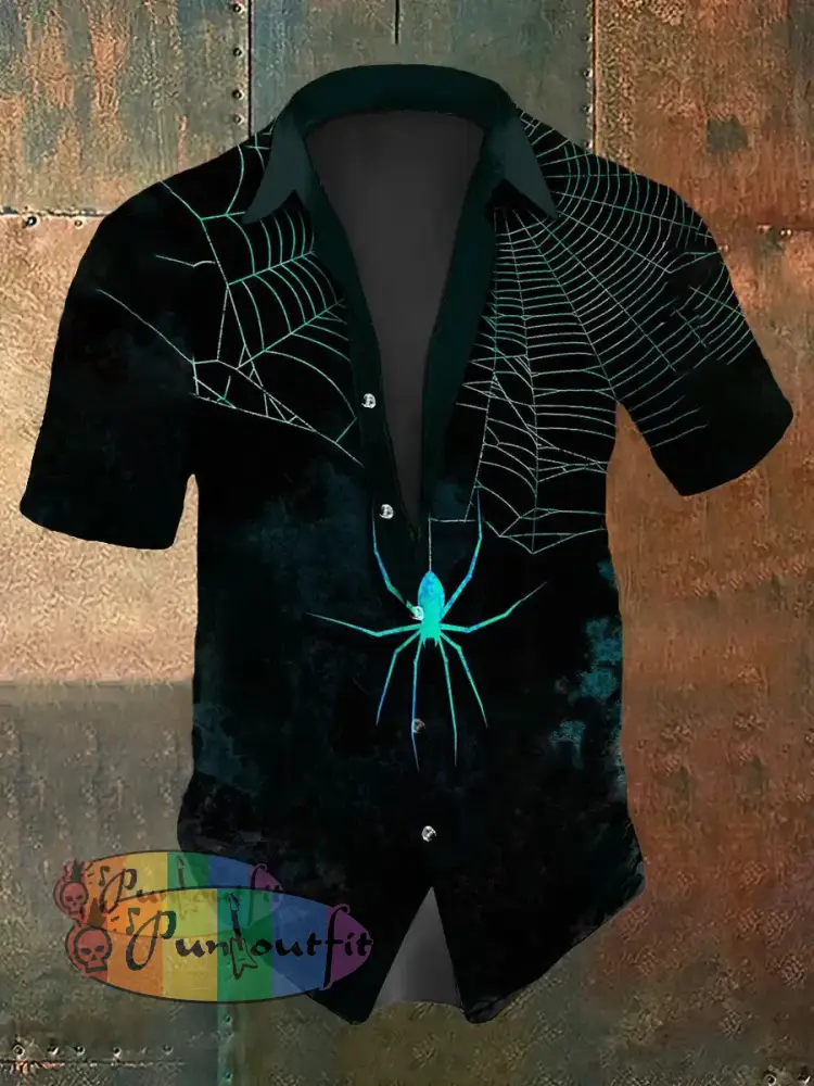 Men’s Vintage Gothic Thorn Spider Web Gradient Abstract Print Casual Cotton Short Sleeve Shirt Green / S