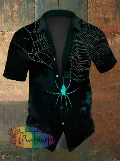 Men’s Vintage Gothic Thorn Spider Web Gradient Abstract Print Casual Cotton Short Sleeve Shirt Green / S