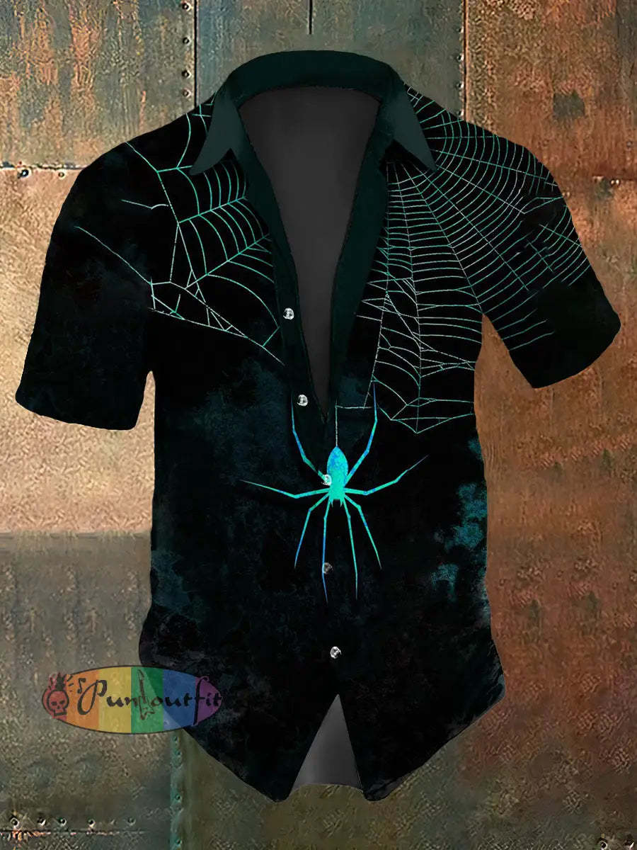 Men’s Vintage Gothic Thorn Spider Web Gradient Abstract Print Casual Cotton Short Sleeve Shirt Green / S
