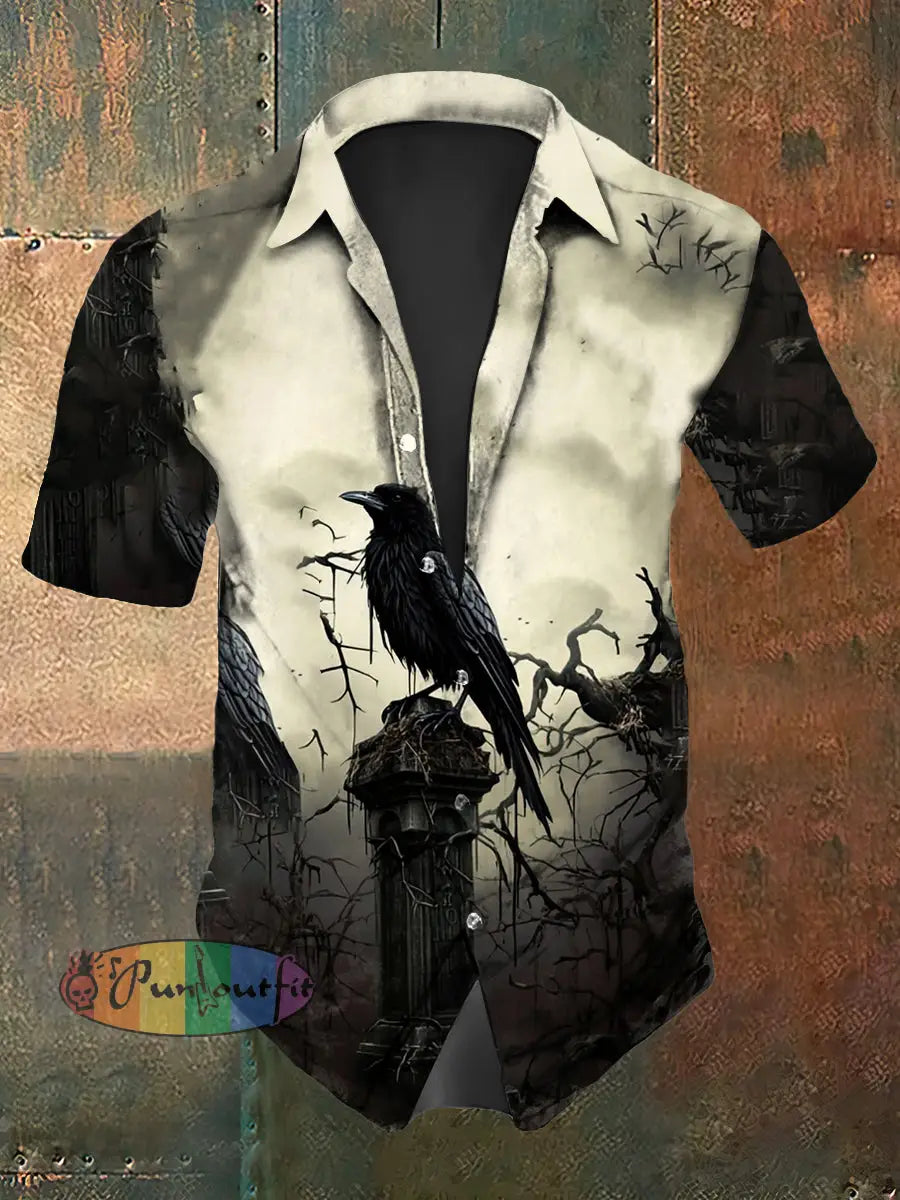 Men’s Vintage Gothic War Raven Abstract Print Casual Cotton Short Sleeve Shirt As picture / S