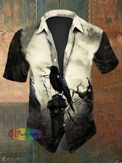 Men’s Vintage Gothic War Raven Abstract Print Casual Cotton Short Sleeve Shirt As picture / S