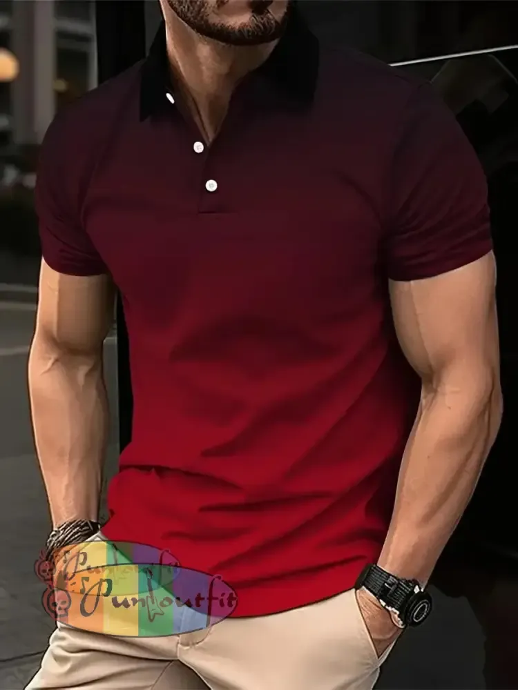 Men’s Vintage Gradient Red Abstract Printed Casual Short Sleeve Polo Shirt Red / S