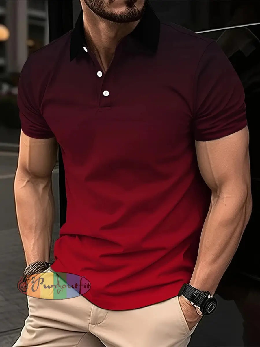 Men’s Vintage Gradient Red Abstract Printed Casual Short Sleeve Polo Shirt Red / S