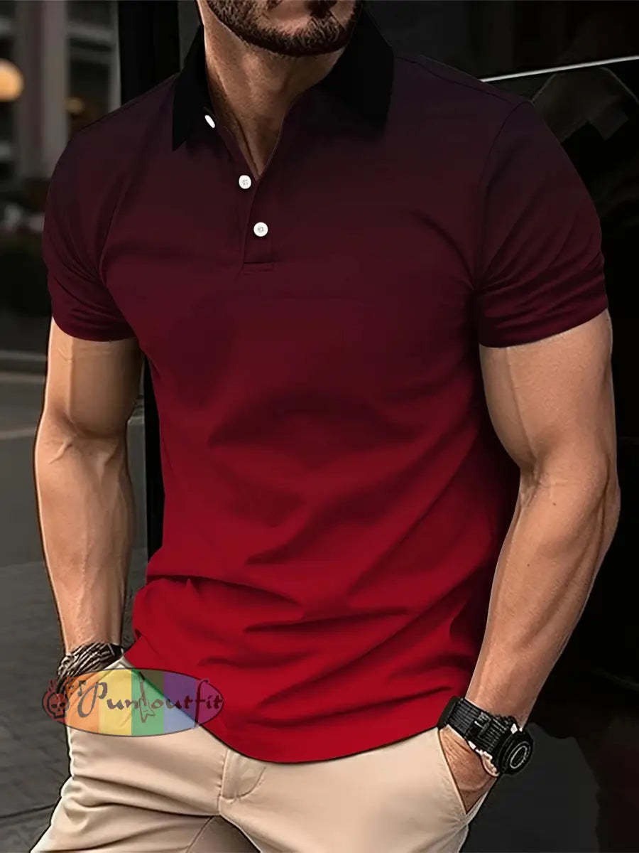 Men’s Vintage Gradient Red Abstract Printed Casual Short Sleeve Polo Shirt Red / S