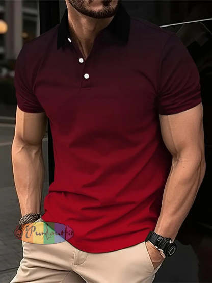 Men’s Vintage Gradient Red Abstract Printed Casual Short Sleeve Polo Shirt Red / S