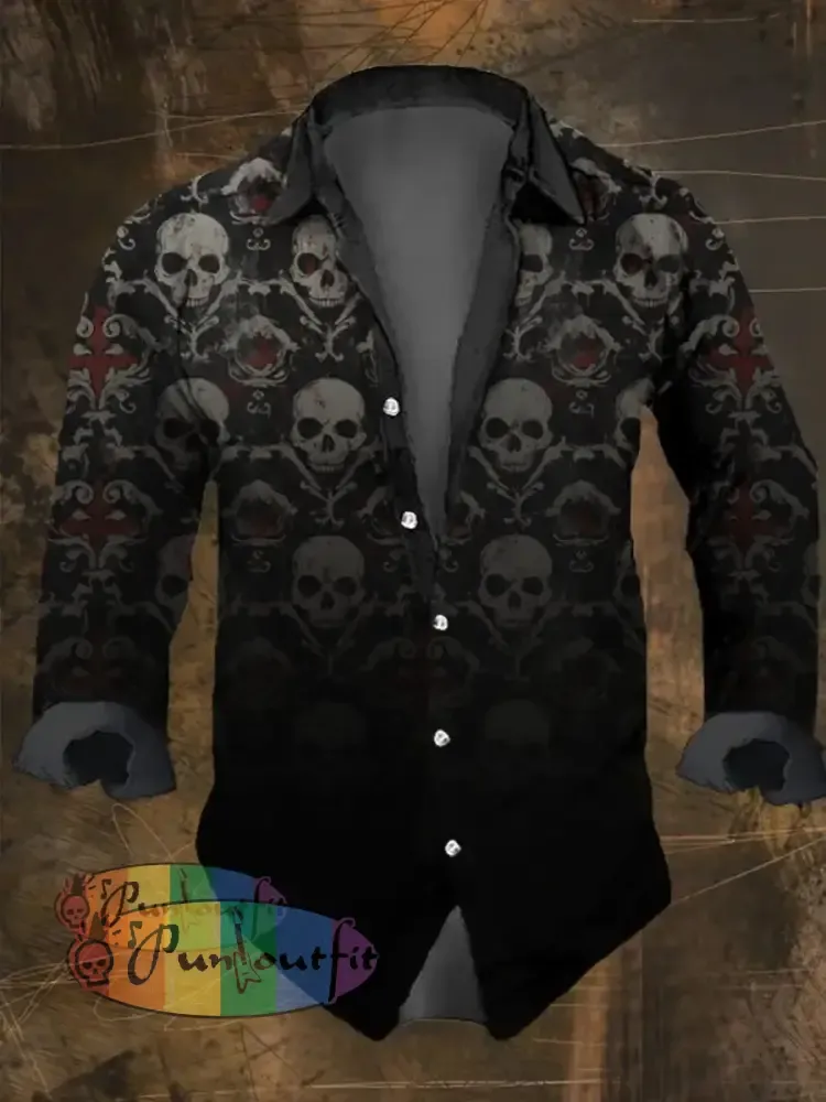 Men’s Vintage Gradient Skull Print Long Sleeve Shirt Multicolor / S