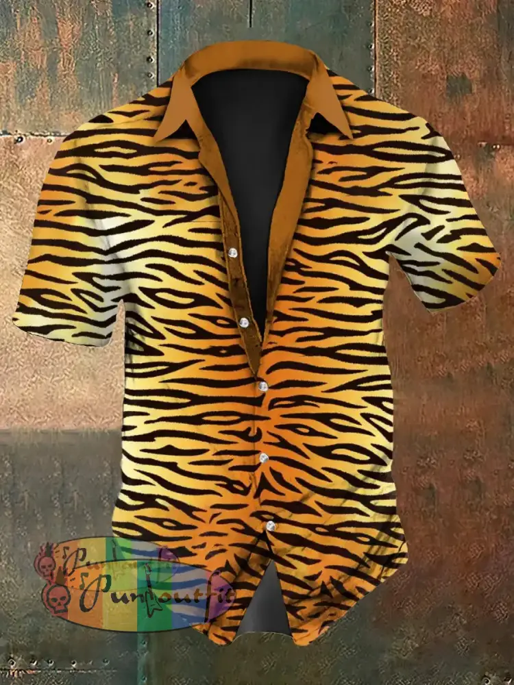 Men’s Vintage Gradient Tiger Music Festival Abstract Print Casual Cotton Short Sleeve Shirt Yellow / S