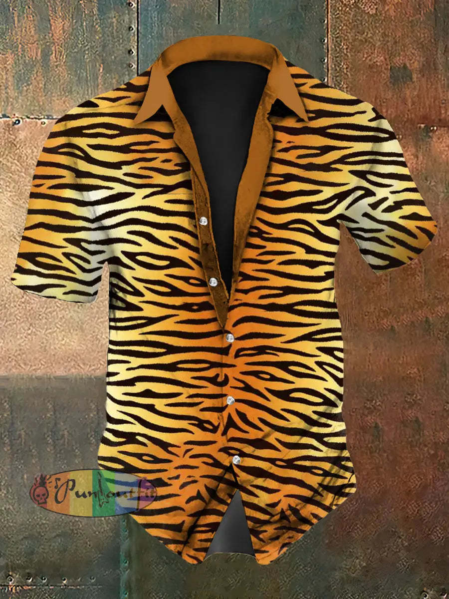 Men’s Vintage Gradient Tiger Music Festival Abstract Print Casual Cotton Short Sleeve Shirt Yellow / S